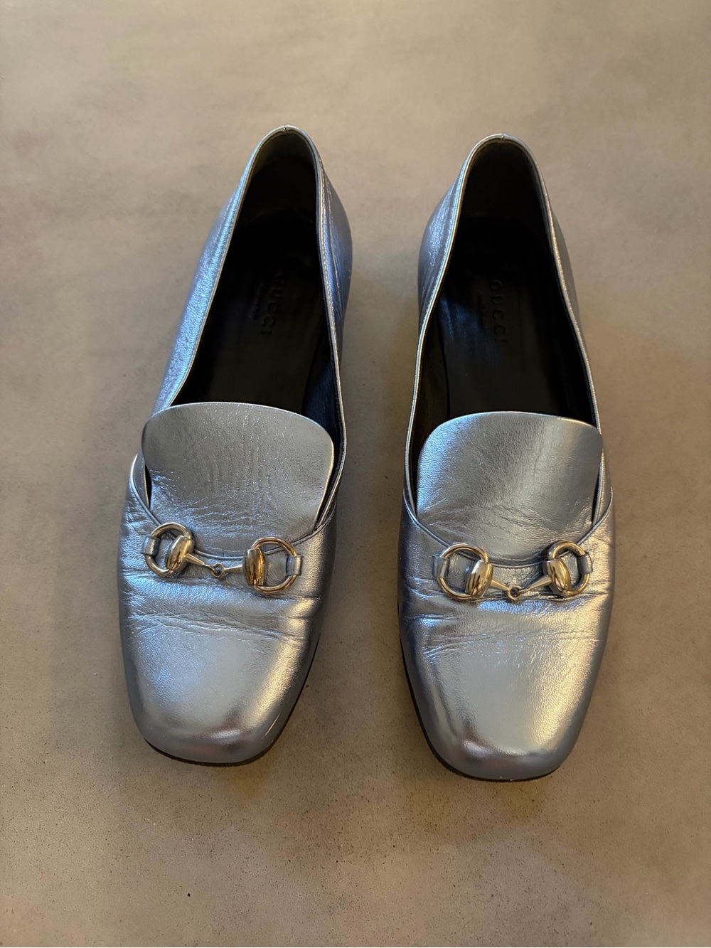 Gucci Bluish Silver Metallic Leather Horsebit loafers - Women